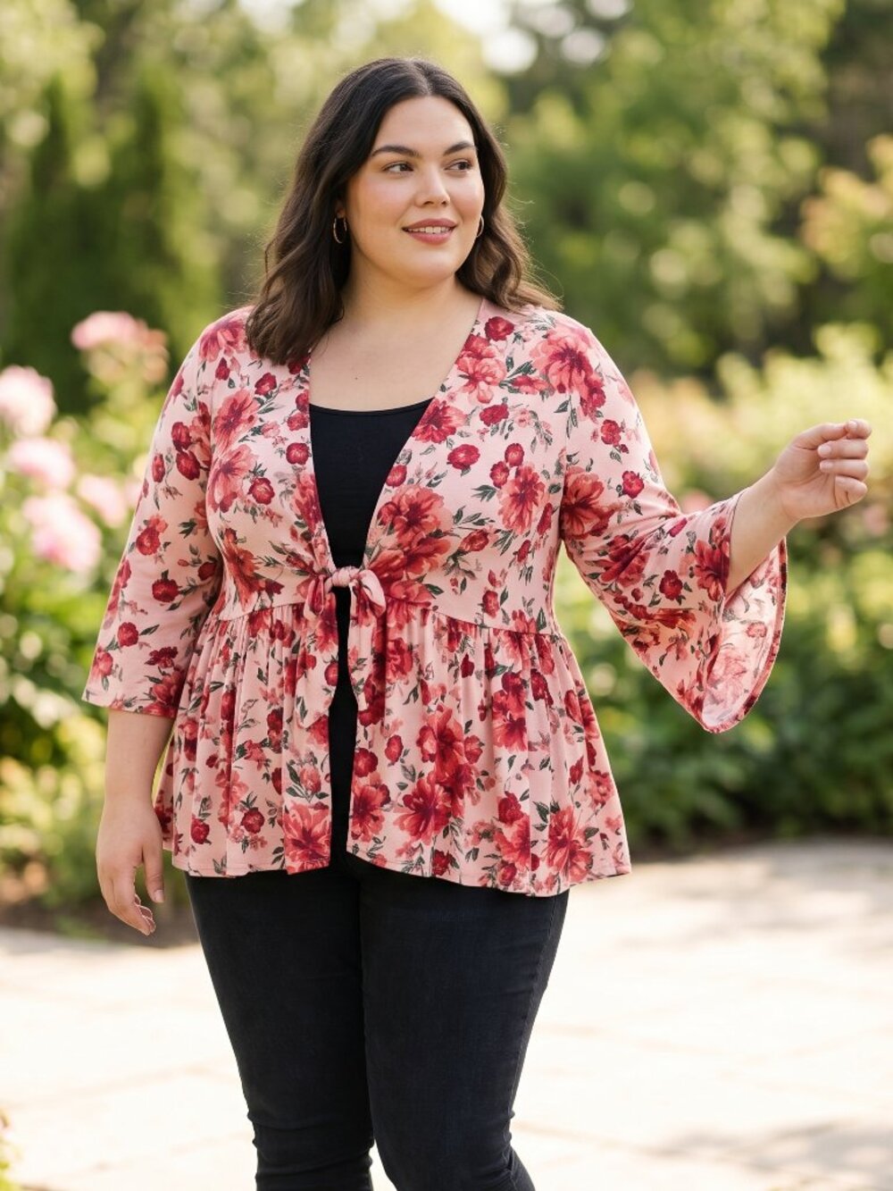 6X Plus Size Torrid Pink Floral Tie-Front Peplum Cardigan V-Neck Open Front